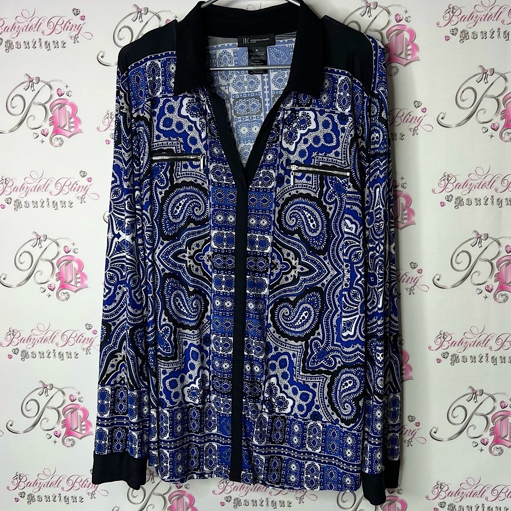 INC International Concepts long sleeve Blue and White Patterned Blouse